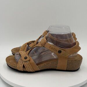 Taos Trulie Sandals 9 Camel Brown Leather Strappy Slingback Wedge Cork Footbed